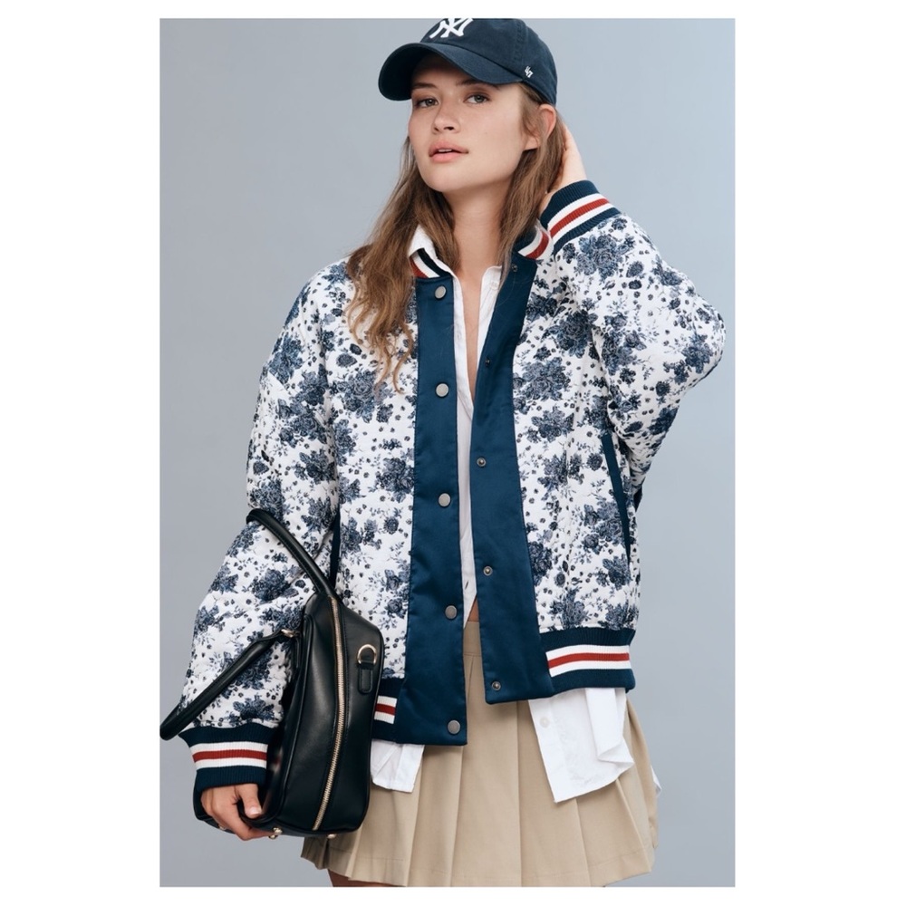 Anthropologie Maeve Floral Jacquard Bomber Jacket in Blue and White XXS NWT
